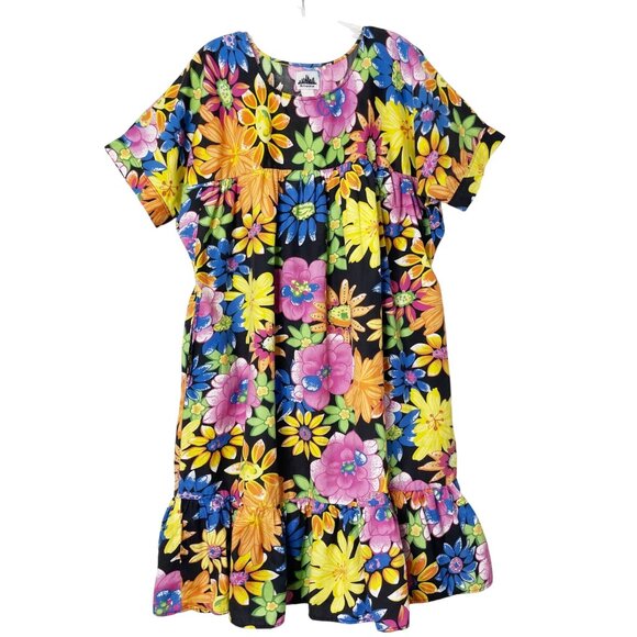 METROPOLITAN Black Mod Floral House Lounge Dress Muu Muu Caftan India Boho Large - Picture 1 of 7